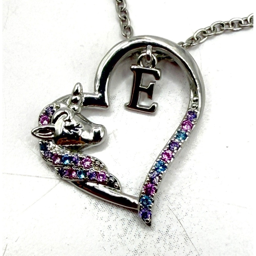 Unicorn Heart Initial E Necklace Rainbow Crystals Girls Tween Gift 18" Chain